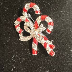 Vintage AAI Candy Cane Brooch Red Clear Rhinestone Christmas Holiday Pin